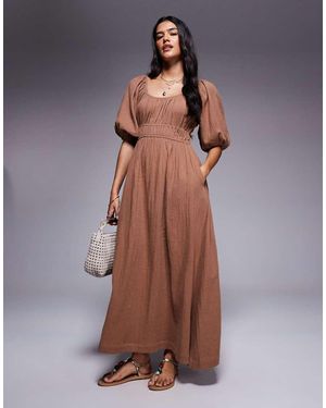 River Island Puff Sleeve Linen Look Midi Dress - Brown