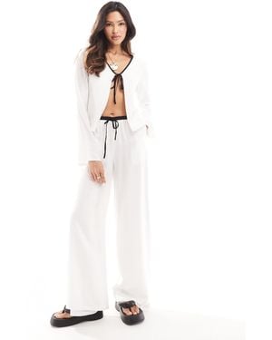 Kaiia Exclusive Linen Contrast Trim Wide Leg Drawstring Beach Pants Co-Ord - White