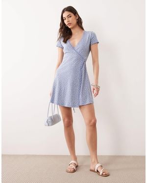 Miss Selfridge Ditsy Print Pointelle Lace Trim Wrap Dress - Blue