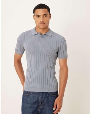 ASOS Muscle Fit Knitted Rib Polo T-shirt - Blue