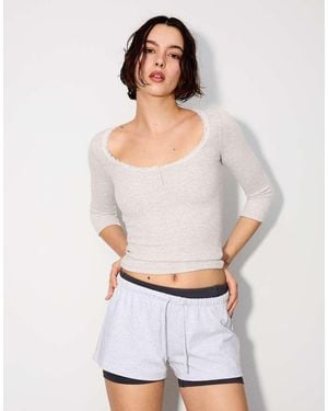 Bershka Lace V-Neck 3/4 Sleeve T-Shirt - White