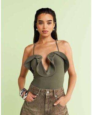 ASOS Frill Detail Halterneck Bodysuit - Green