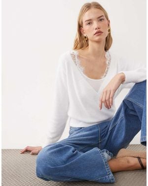 Miss Selfridge Gebreide Wikkeltrui Met Kanten Rand - Blauw