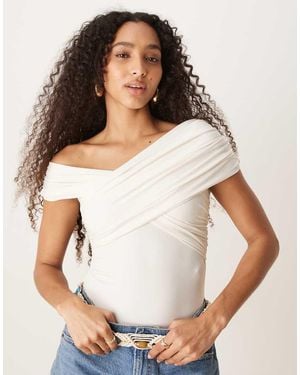 Abercrombie & Fitch Off Shoulder Asymetric Wrap Bodysuit - White