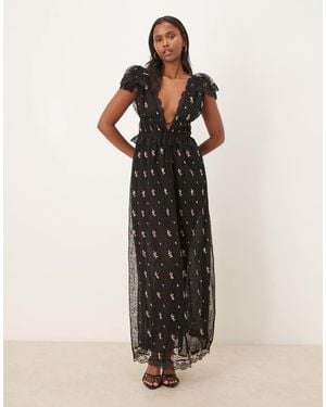 For Love & Lemons Poppy Pleated Lace Maxi Dress - Natural