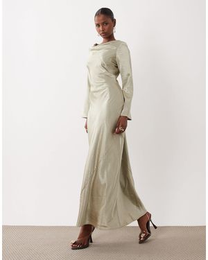 TFNC London Satin Flared Long Sleeve Maxi Dress - Natural