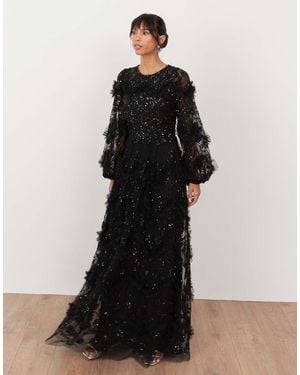 Maya Embellished Blouson Sleeve Maxi Dress - Black