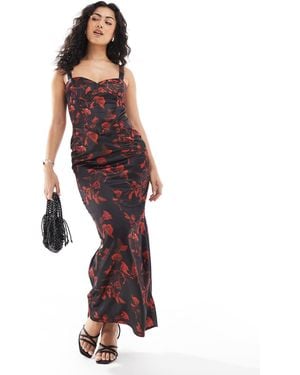The Frolic Exclusive Satin Corset Detail Bodycon Maxi Dress - Red