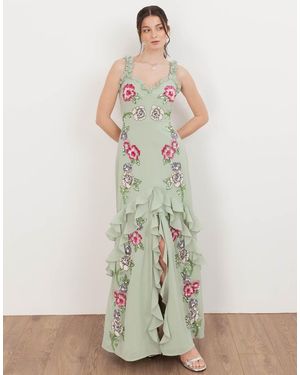 Maya Floral Embellished Ruffle Cami Maxi Dress - Green