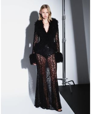 AFRM Simone Faux Fur Beaded Lace Long Sleeve Cardigan Co-ord - Black