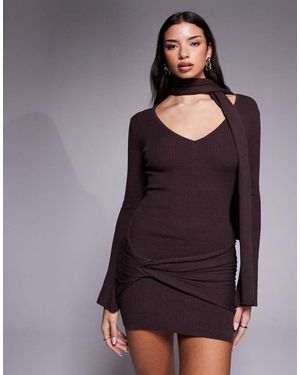 Tiger Mist Renner Ribbed Knit Scarf Detail Plunge Long Sleeve Mini Dress - Purple