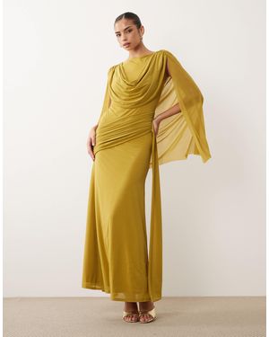 ASOS Stretch Chiffon Cape Detail Cowl Maxi Dress With Sash Detail - Yellow