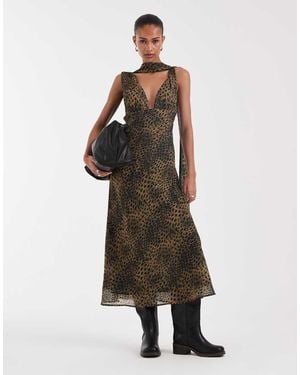 BRONZE SNAKE V-neck Midi Dress With Scarf - Green