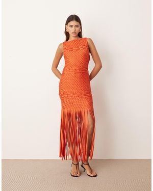 ARRANGE Lattice Handwoven Fringe Hem Midi Dress - Orange