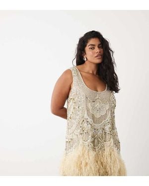 ASOS Curve Embellished Scoop Neck Mini Dress With Faux Feather Hem - White