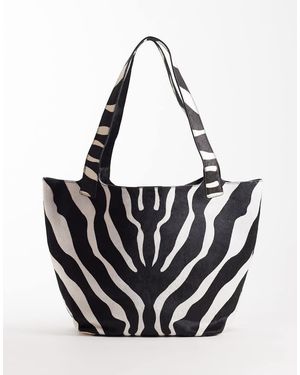 Mango Bolso Tote Extragrande Con Estampado De Cebra De Cuero Efecto Piel De Potro De - Negro