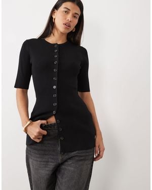 Pretty Lavish Knit Button Down Longline Top - Black
