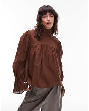 ASOS High Neck Blouson Sleeve Blouse - Brown
