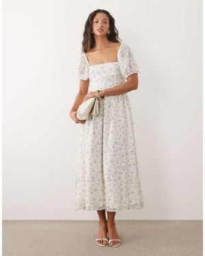 New Look Ditsy Floral Textured Tie Back Milkmaid Dress - Natural