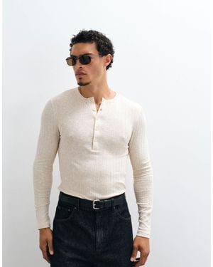 ASOS T-shirt moulant manches longues en tissu aspect lin avec col tunisien et côtes - Blanc
