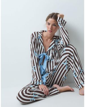 Loungeable Revere Tie Front Shirt And Trouser Pyjama Set - Brown