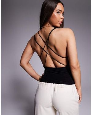 Fashionkilla Exclusive Double Sculpted Slinky Plunge Exposed Back Bead Detail Top - Black