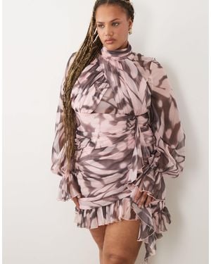 ASOS Curve Printed Ruched Mini Dress With Ruched Skirt Detail - Brown