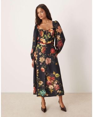 Hope & Ivy Button Front Midi Day Dress With Open Back - Multicolor