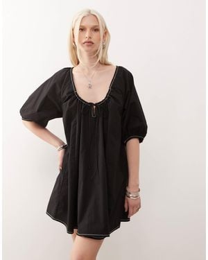 Collusion Swing Puff Sleeve Mini Smock Dress - Black
