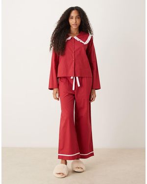 Glamorous Ruffle Pyjama Shirt And Trousers - Red