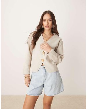 Mango Cárdigan Con Botones Dorados Llamativos De Punto Compacto De -Neutro - Blanco
