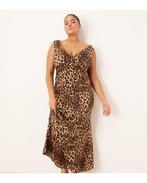 Brave Soul Plus Leopard Print Sleeveless Satin Maxi Dress - Brown
