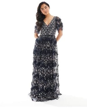Maya Fully Embellished Short Sleeve V Neck Ruffle Maxi Dress - Blue