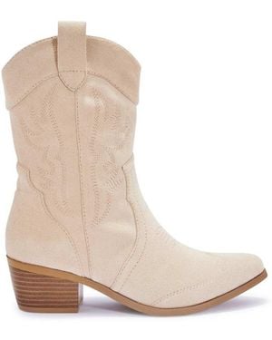 SEQWL Wide Fit Western Cowboy Mid Calf Boots With Embroidered Detail - Natural