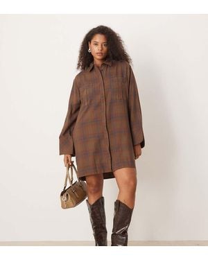 ASOS Asos Design Curve Mini Shirt Dress With Wide Cuffs And Oversized Pockets - Brown