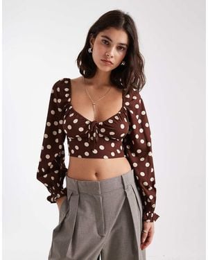 New Look Polka Dot Long Sleeve Milkmaid Top - Brown