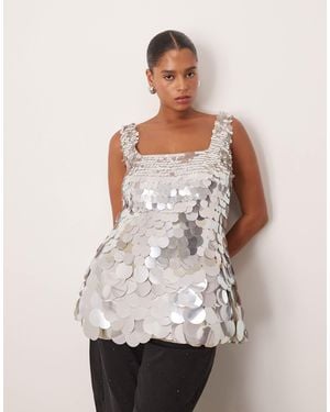 ARRANGE Curve Embellished Disc Sequin Square Neck Top - Natural