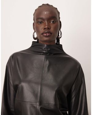 ARRANGE High Neck Leather Curved Top - Brown