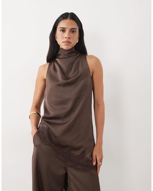Pretty Lavish Satin High Cowl Neck Asymmetric Lace Hem Top - Brown