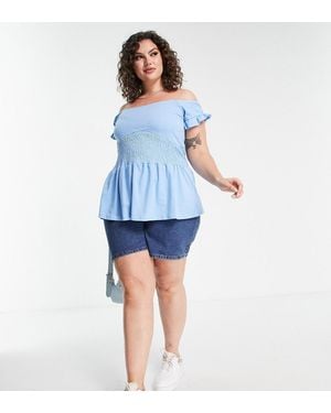 Simply Be Shirred Bardot Peplum Top - Blue