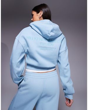ASOS Weekend Collective Heavyweight Zip Up Hoodie With Ribbed Panels - Blue