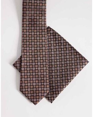 ASOS Vintage Floral And Square Geometric Tie And Pocket Square - Brown