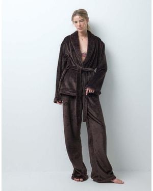Loungeable Cosy Wrap Tie Robe Top And Trousers Set - Brown