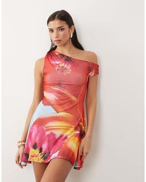 Kaiia – exclusive – anschmiegsames, doppellagiges, schulterfreies skater-minikleid mit blumenmuster - Rot