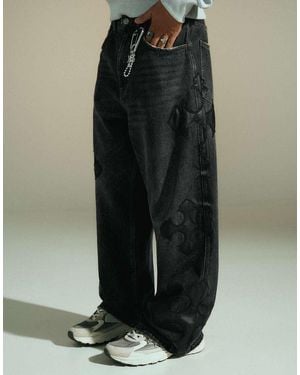 Bershka Patchwork Barrel Jeans - Black