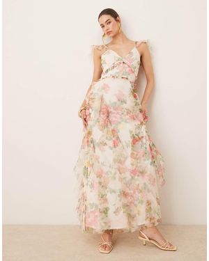 LACE & BEADS Ruffle Midaxi Tulle Dress - Natural