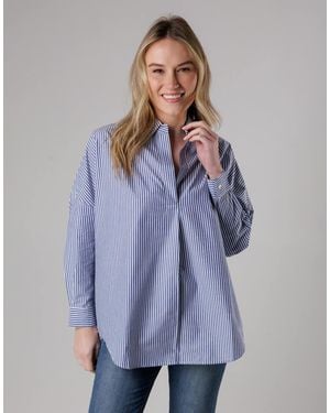French Connection Cotton Relaxed-Fit Long Sleeve Striped Popover High-Low Hem Shirt - Blue