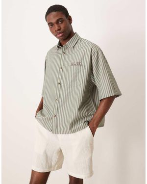 ASOS Boxy Oversized Stripe Shirt With Chest Embroidery - Natural