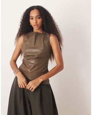 Pretty Lavish Leather Look Sleeveless Asymmetric Hem Top - Green