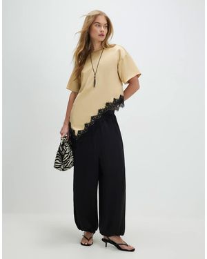 River Island Asymmetric Lace Satin T-Shirt - Natural